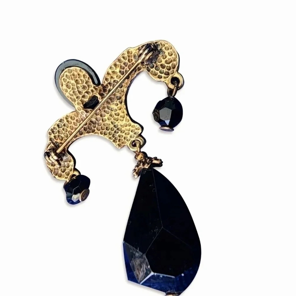 VINTAGE DANGLING GOLD TONE BLACK STONES BROOCH PIN - Picture 2 of 2